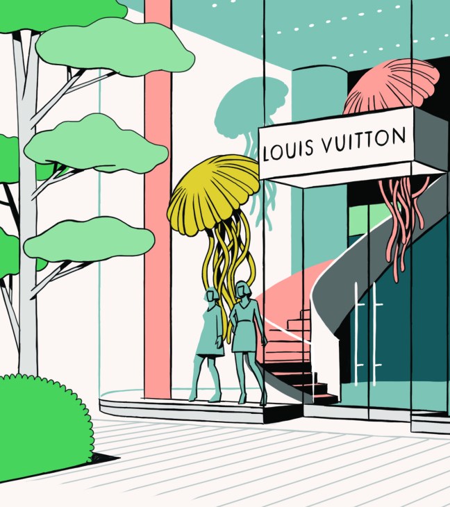 Illustration of a woman with yellow hair entering a Louis Vuitton storefront with modern architecture and coral-colored elements.