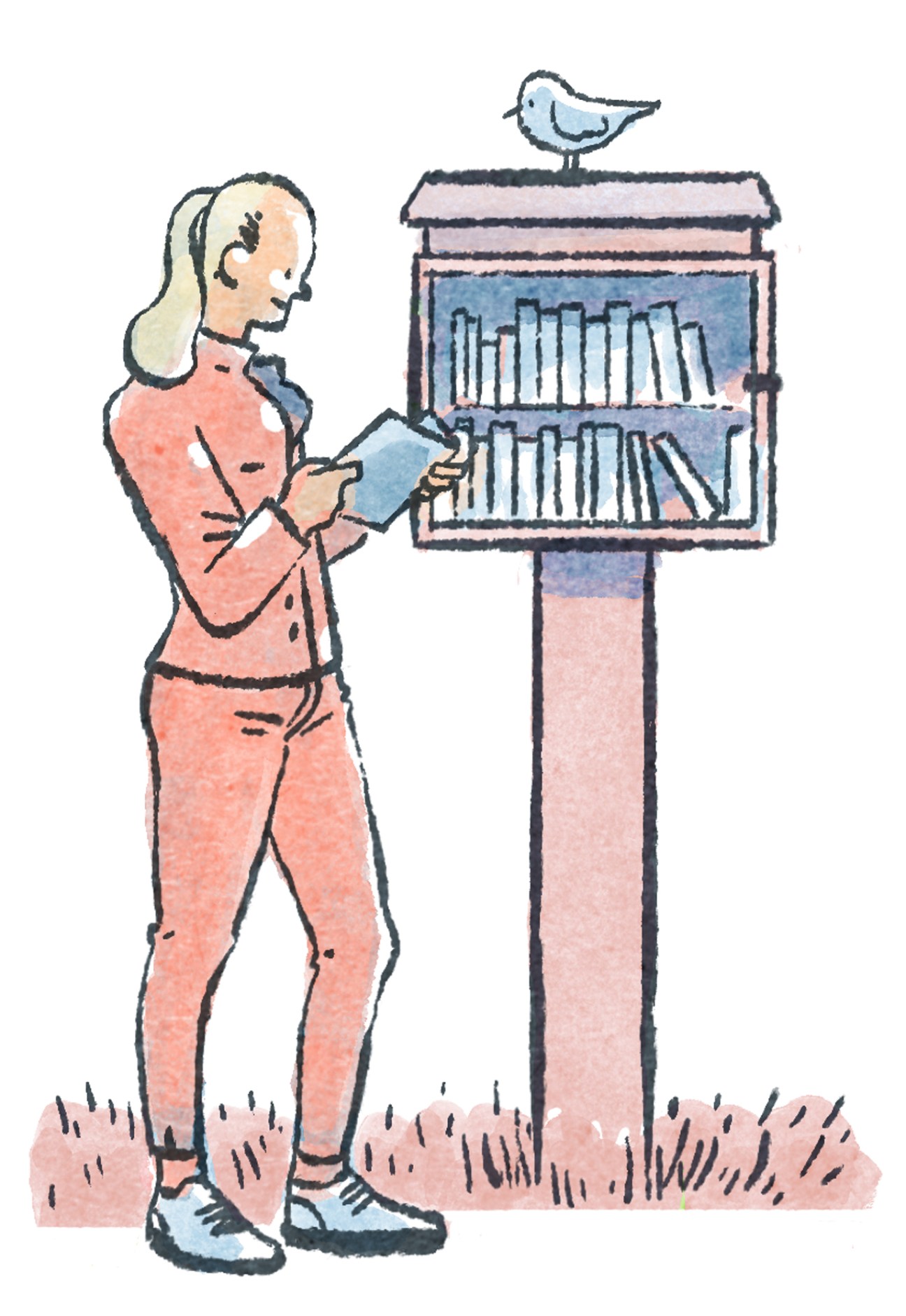 Illustration of woman using Little Free Library book-sharing box on street