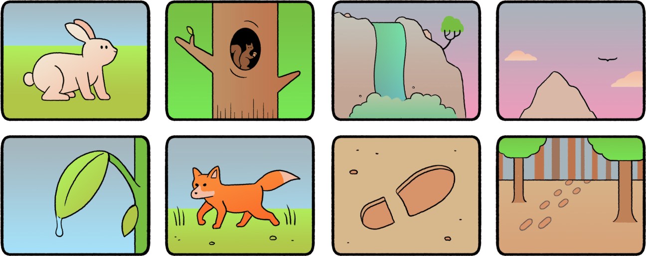 Illustrated grid of eight nature-themed icons including a rabbit, person, waterfall, mountain, leaf, fox, footprint, and forest.