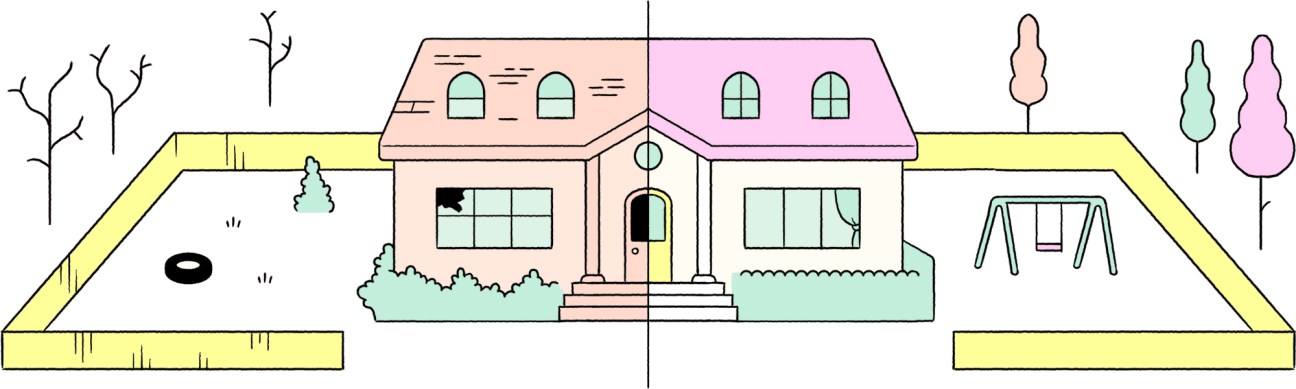 Illustration of a suburban house with a yellow fence, featuring a garage, windows, and surrounding landscape with trees and a swing set.