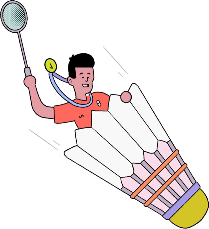 Illustration of a smiling person in red shirt holding badminton racket and shuttlecock, with large shuttlecock below