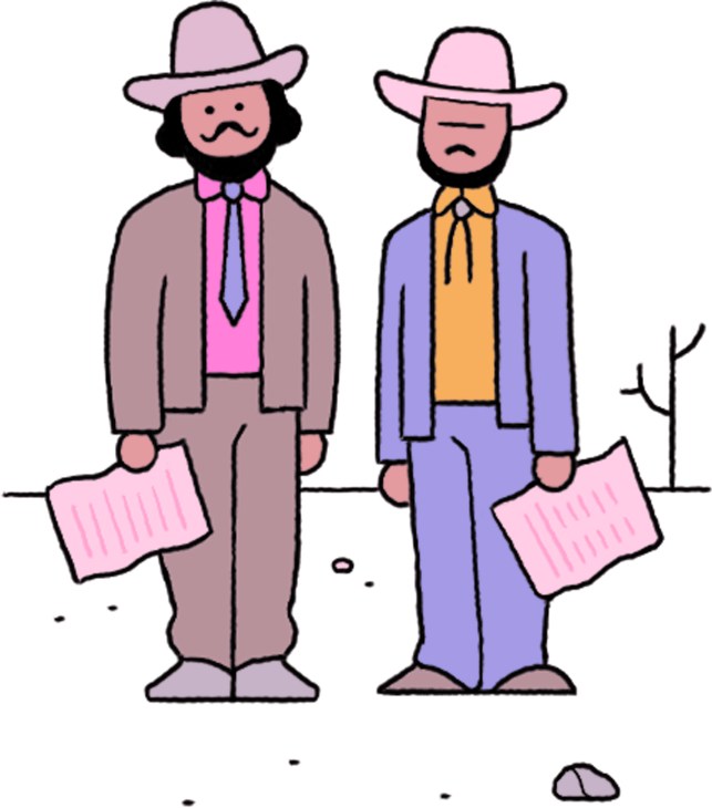 Two cartoon-style men in suits and cowboy hats holding newspapers in a desert landscape