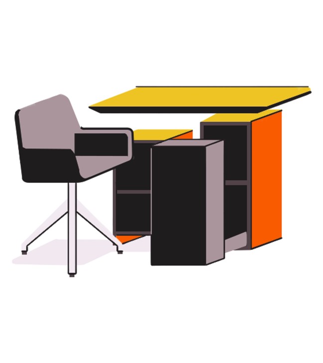 Illustration of a modern office workspace with a yellow desk, purple and black chair, and orange storage unit.