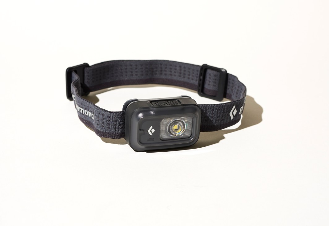 Black Diamond Astro 175 headlamp with gray strap and LED light on white background