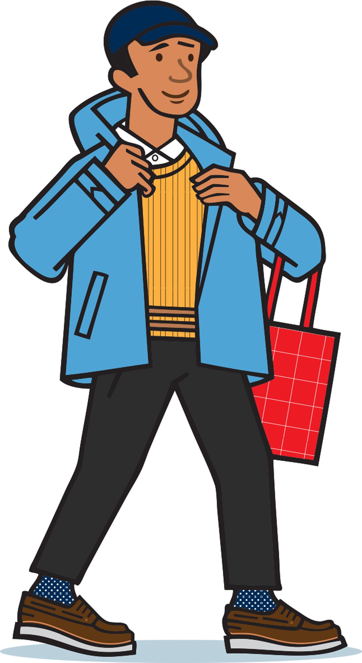 Illustrated man in blue jacket and black pants holding a red shopping bag.