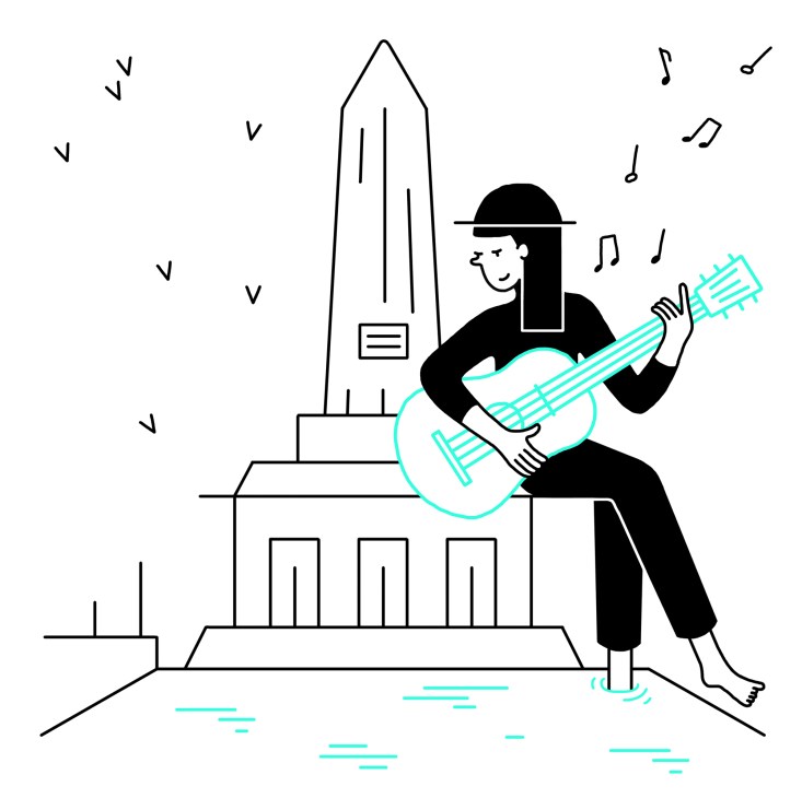 Illustration of a person playing guitar while sitting on a monument or building structure in an urban setting.