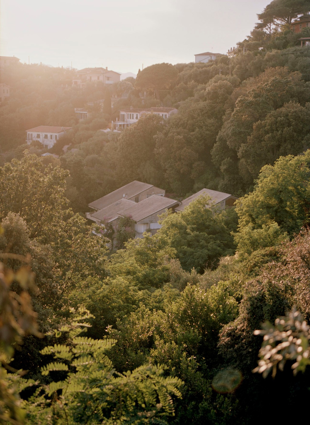 View of angled slate roofs of the modernist concrete housing units set into the hillside