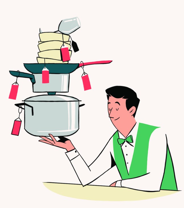 Illustration of a man in a green vest and bow tie holding a stack of cookware with price tags.