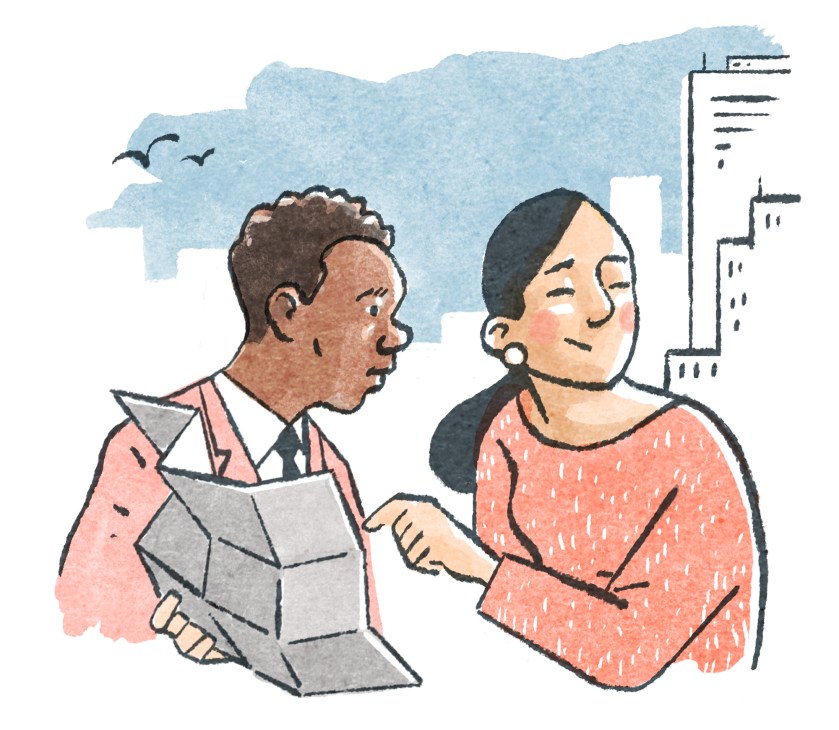 Illustration of two people discussing a neighborhood map with urban buildings in background