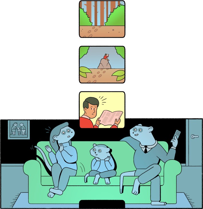 Illustration of a family watching television on a green couch with thought bubbles showing nature scenes above.