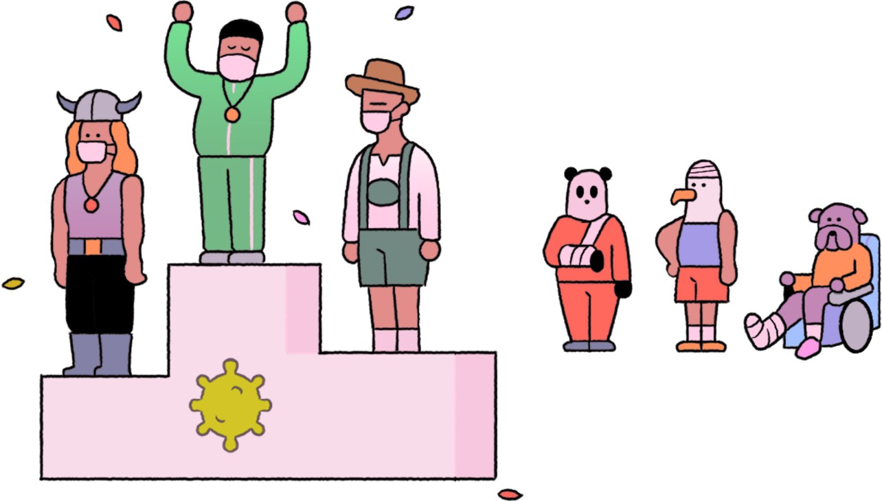 Illustration of diverse people in masks standing on podium levels representing global soft power rankings