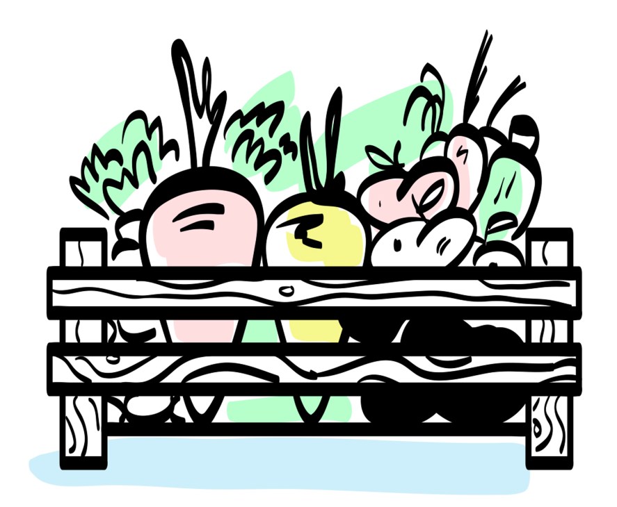 Illustration of a wooden crate filled with colorful potted plants and greenery against a white background.