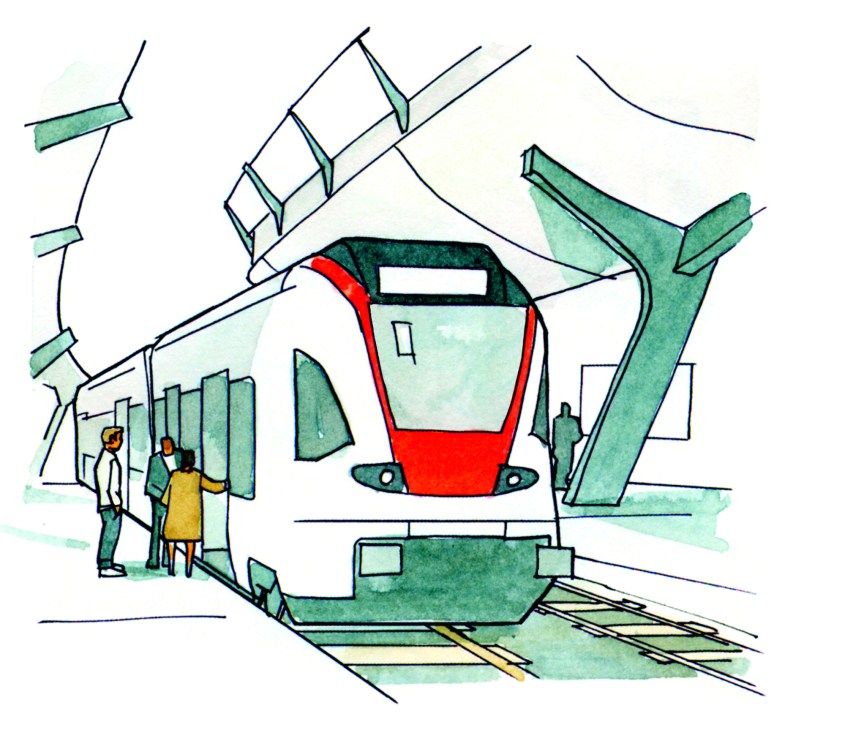 Red and white Stadler train at a modern railway station platform with passengers waiting