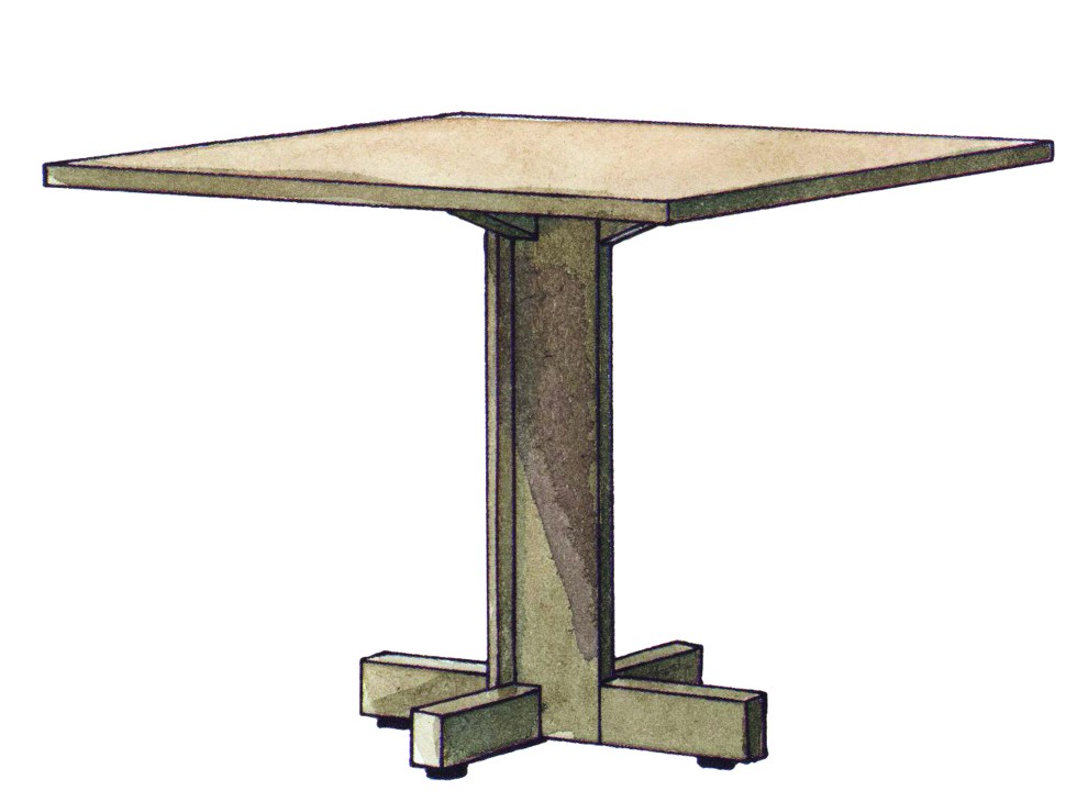 Altar dining table by Miguel Milá with pedestal base and rectangular top shown in perspective view