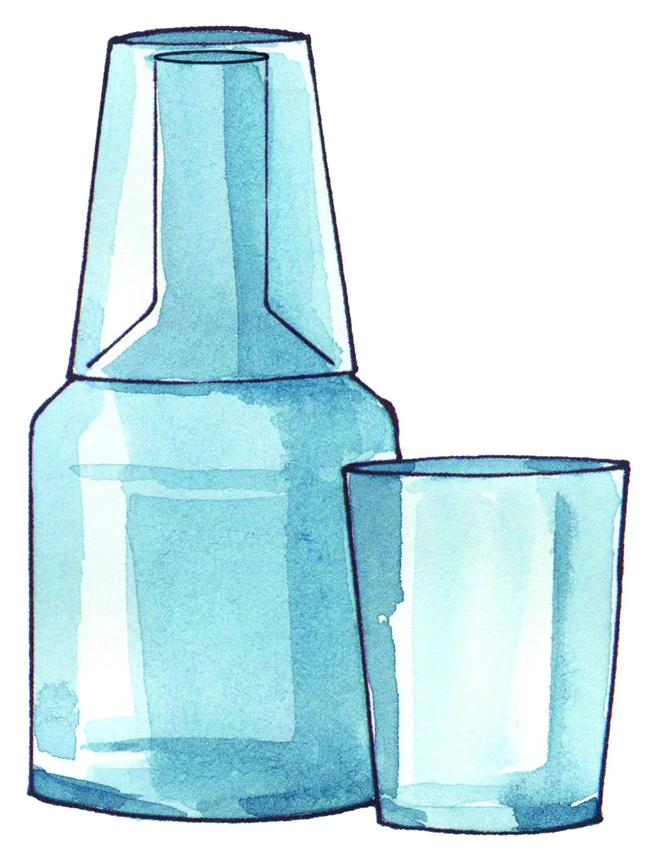 Watercolor illustration of Hay Rim carafe and glasses in blue tones