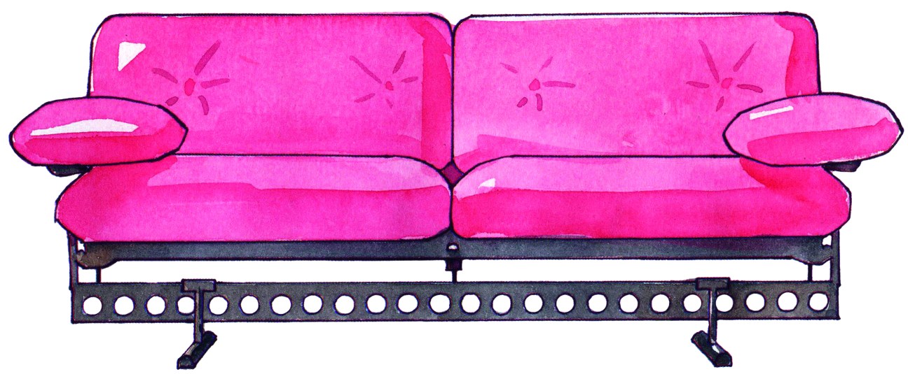 Bright pink Ouverture sofa with aluminum frame and perforated base by Poltrona Frau