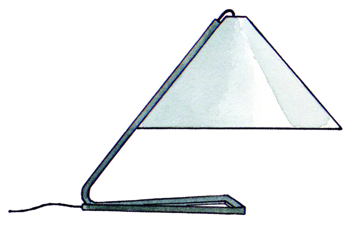 Anna desk lamp with triangular shade and slender curved base designed by Paolo Tilche