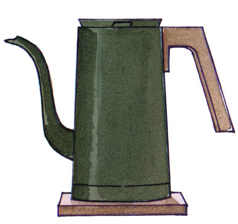 KEDP-X1 electric kettle with curved spout and wooden base from Kalita