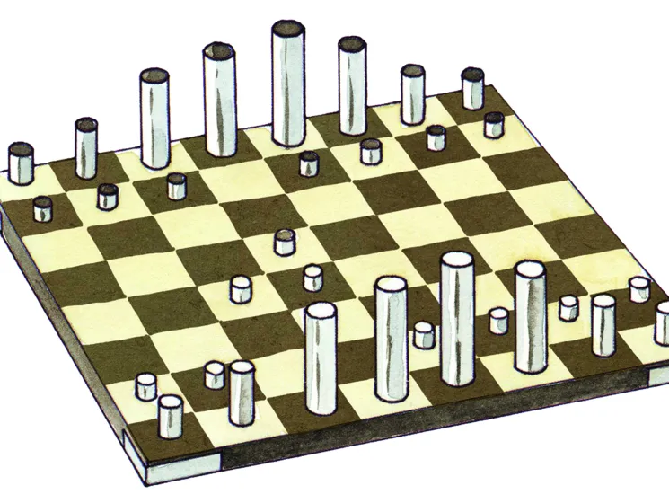 Modern chess set with cylindrical white pieces of varying heights on checkered board