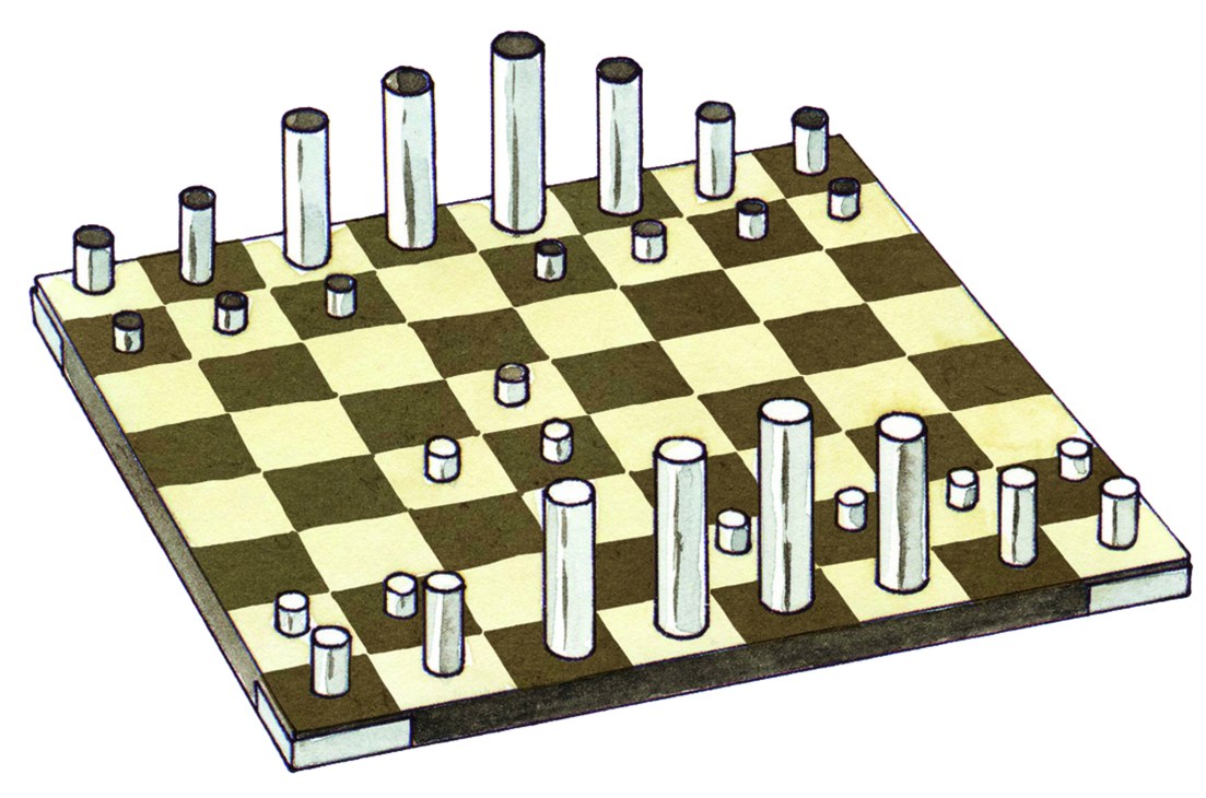 Modern chess set with cylindrical white pieces of varying heights on checkered board