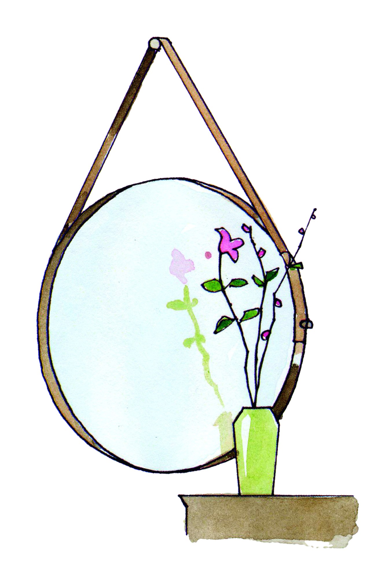 Watercolor illustration of round hanging mirror with wooden frame suspended by rope above green vase with flowering branch