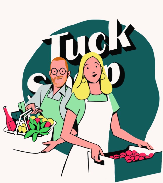 Illustration of two people with shopping bags and produce, with text reading 'Tuck Shop' in bold letters