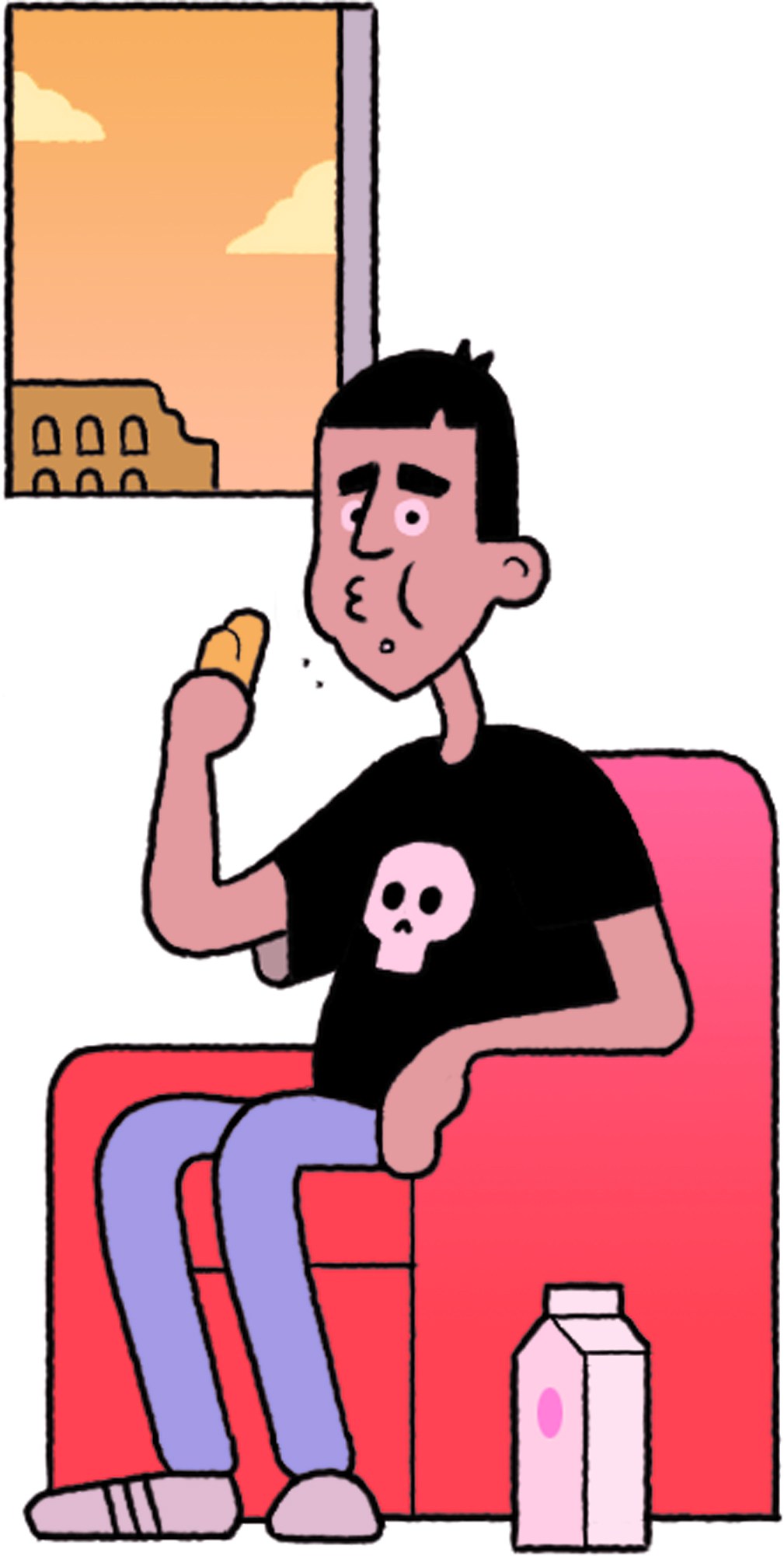 Cartoon illustration of a person with black hair sitting in a red chair holding what appears to be food