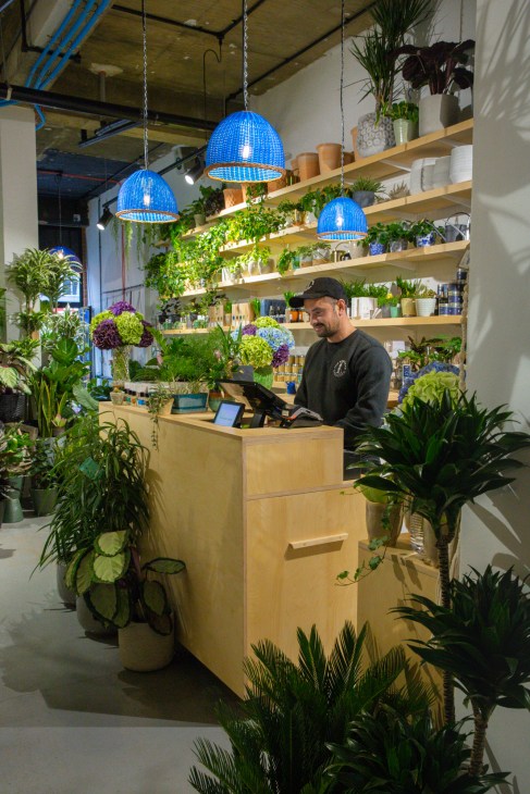 Staff member Jean-Michel Cretal at The Nunhead Gardener counter surrounded by potted plants and shelving.