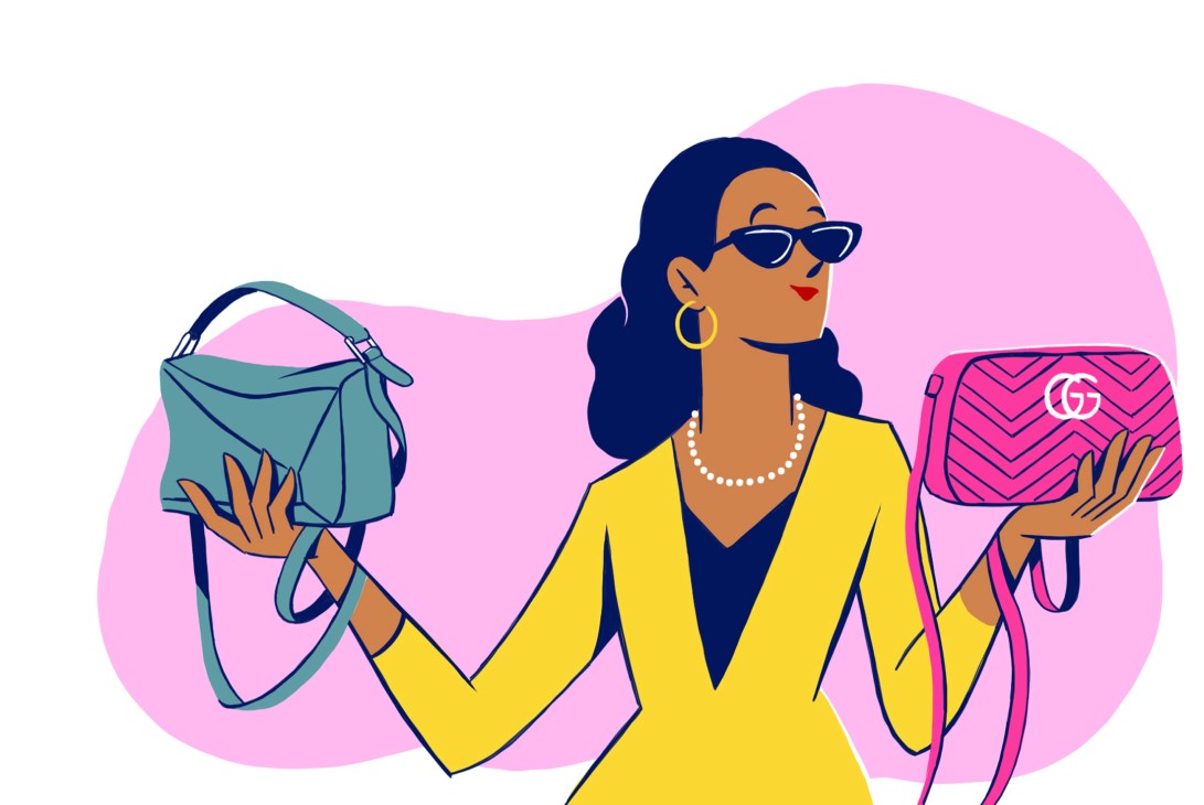 Stylish woman in yellow blazer holding two luxury handbags, one teal and one pink with geometric pattern