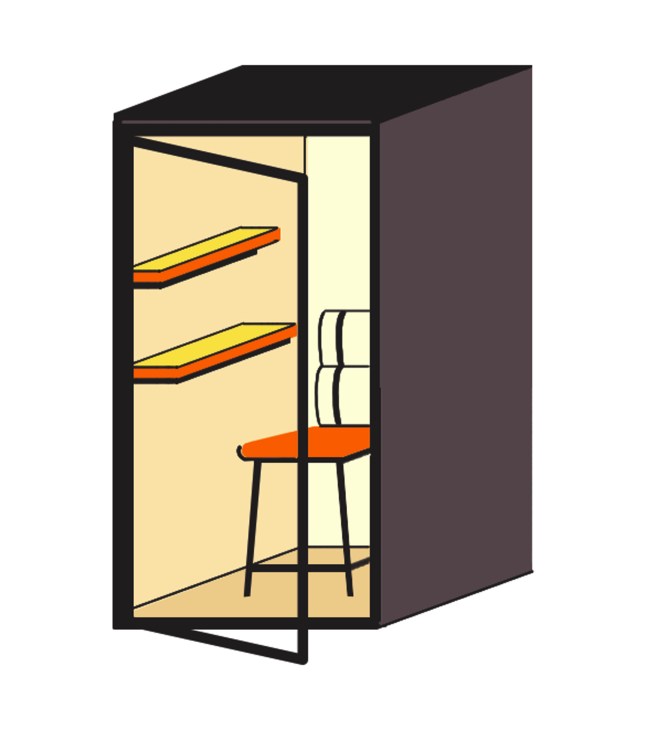 Illustration of Kettal's Phone Booth, a soundproof office booth with glass door and interior seating.