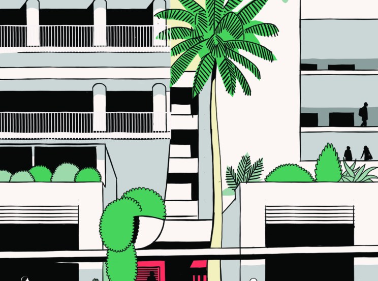 Illustration of a modern residential building with green plants and people on the street level.
