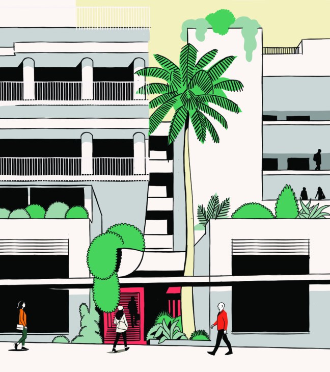 Illustration of a modern residential building with green plants and people on the street level.