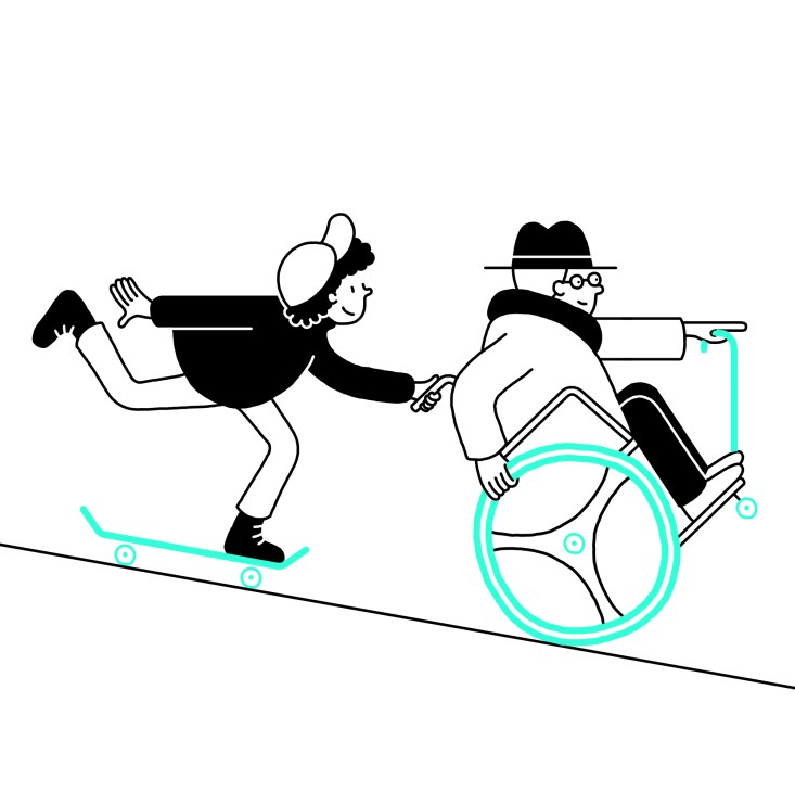 Illustration of two figures on a slope: one on a skateboard and one on a unicycle with cyan-colored wheels.