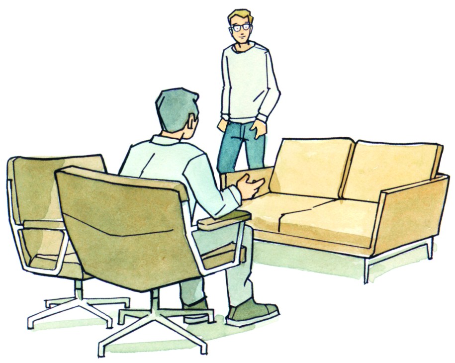 Modern office waiting area with sleek contemporary furniture and seating arrangement