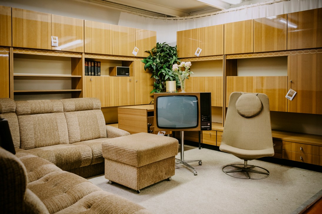 East German era furniture and home furnishings arranged in prop rental warehouse