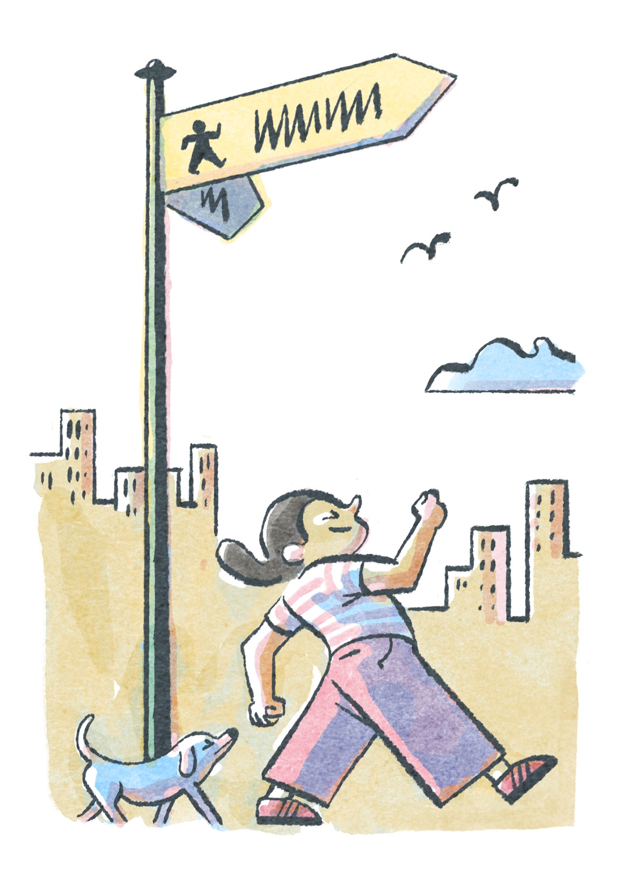 Illustrated woman pointing at directional street sign with walking and wavy line symbols.