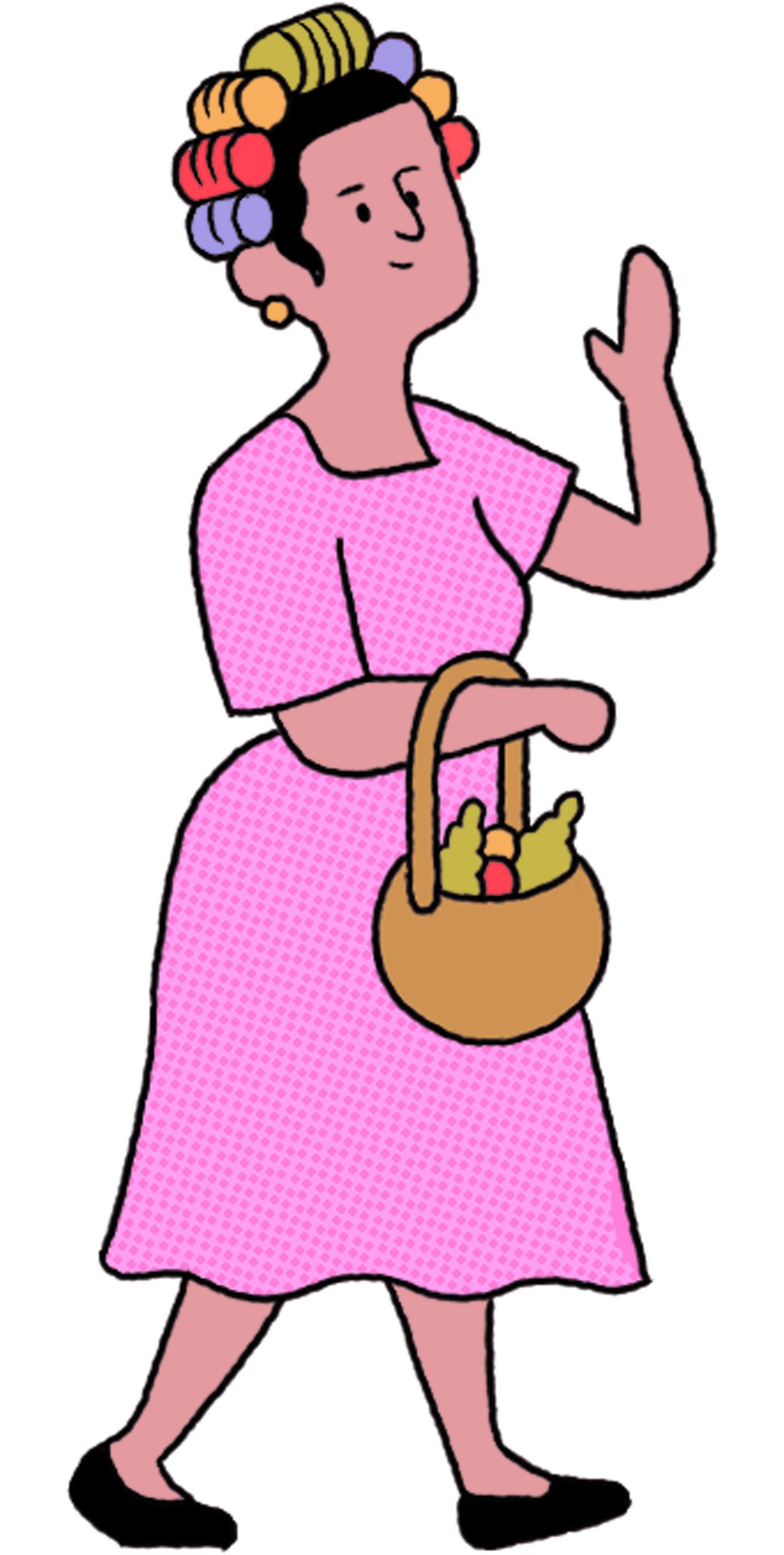 Woman in pink dress with colorful hair rollers carrying a basket, waving