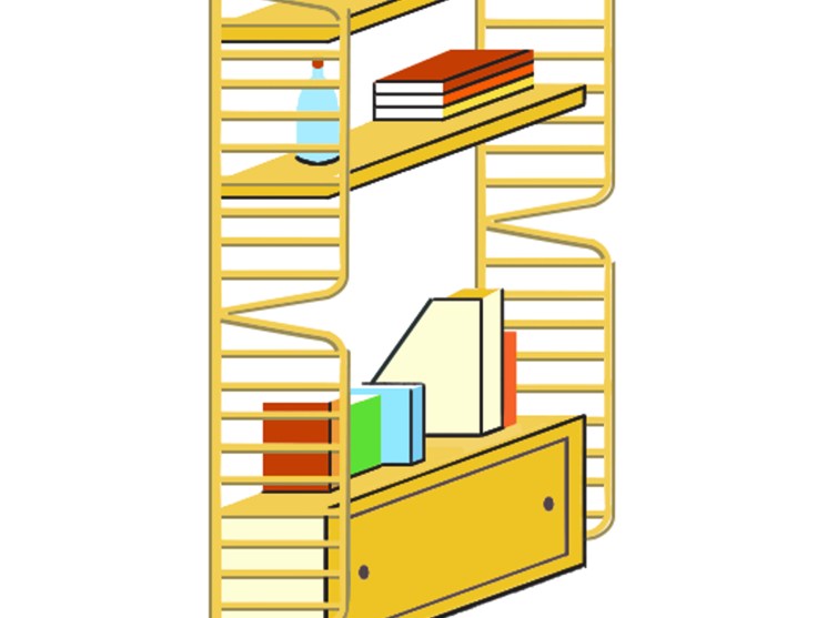 String Furniture's Works shelving system with yellow metal frame, wooden shelves, and integrated storage cabinet.