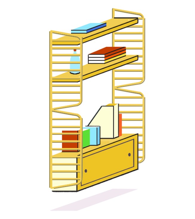 String Furniture's Works shelving system with yellow metal frame, wooden shelves, and integrated storage cabinet.
