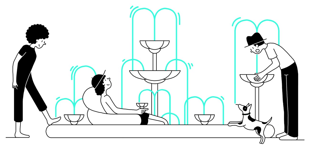 Illustration of people relaxing by a multi-tiered fountain with water arches in an urban plaza.
