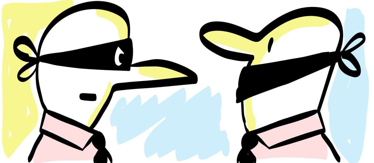 Illustration of two figures with black bandanas and yellow accents in confrontational poses