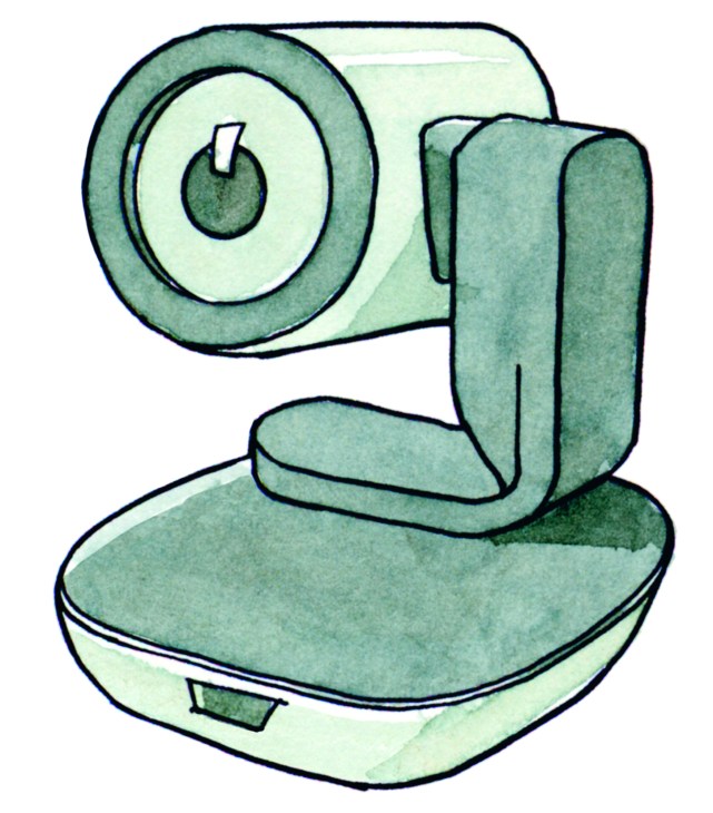 Green illustrated webcam on base with power button and adjustable mount