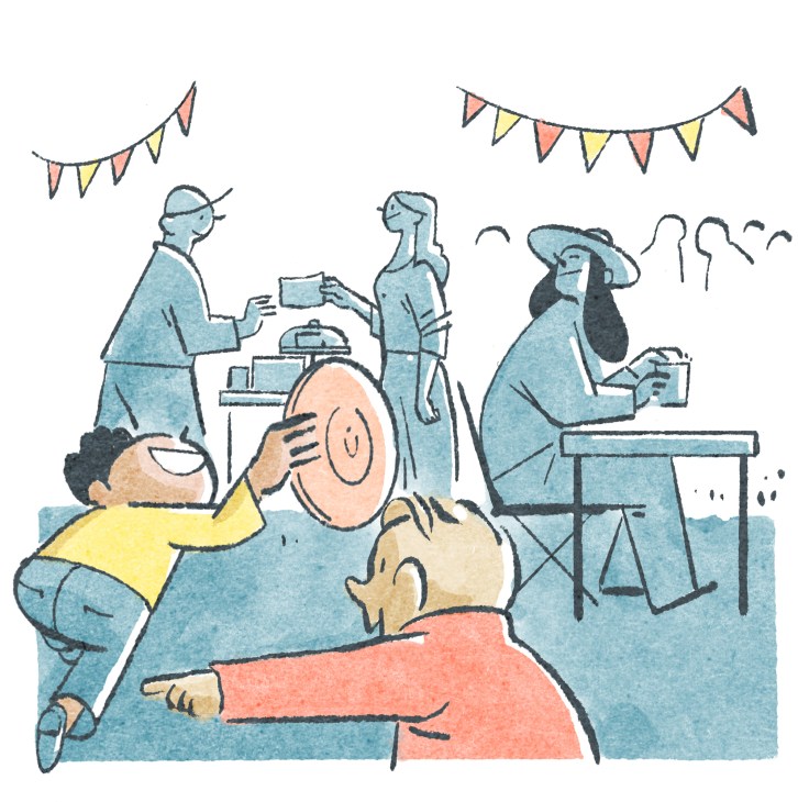 Illustrated community block party with people socializing, sharing food and drinks outdoors with decorative bunting