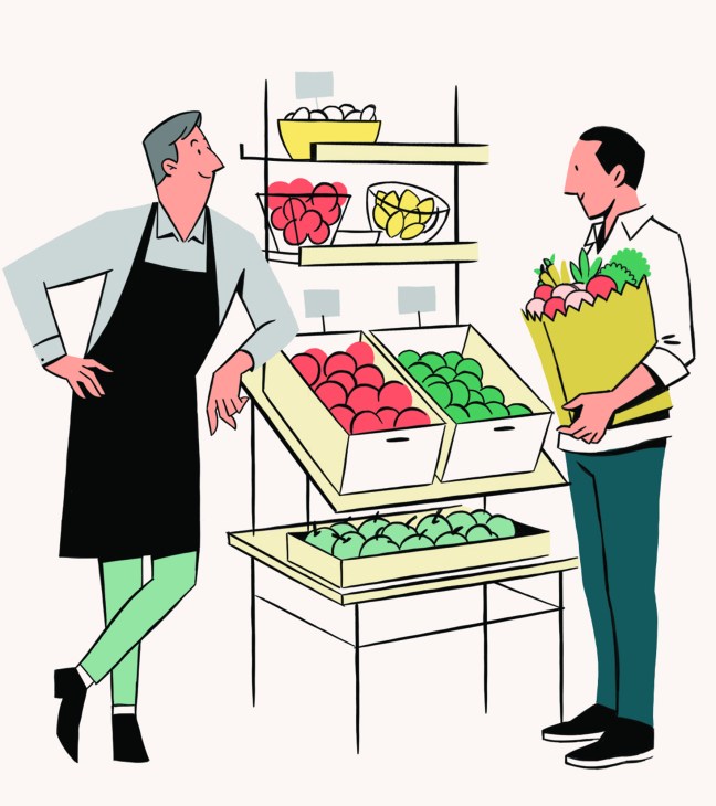 Illustration of a greengrocer and customer at a market stall with fresh produce in boxes and baskets.