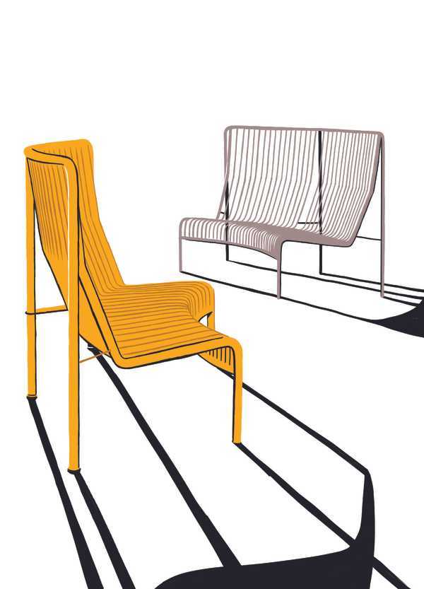Orange and gray aluminum outdoor benches with curved backs and linear slat design