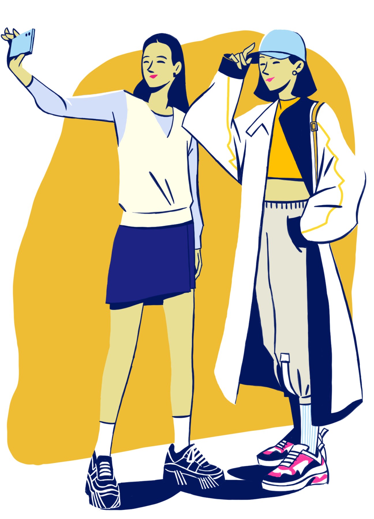 Two young women in stylish streetwear taking a selfie with colorful K-fashion styling
