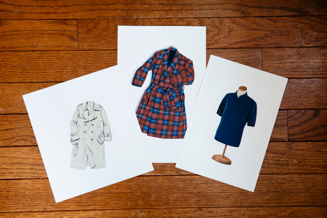 Three fashion illustrations on white paper showing a beige trench coat, plaid robe, and navy polo shirt