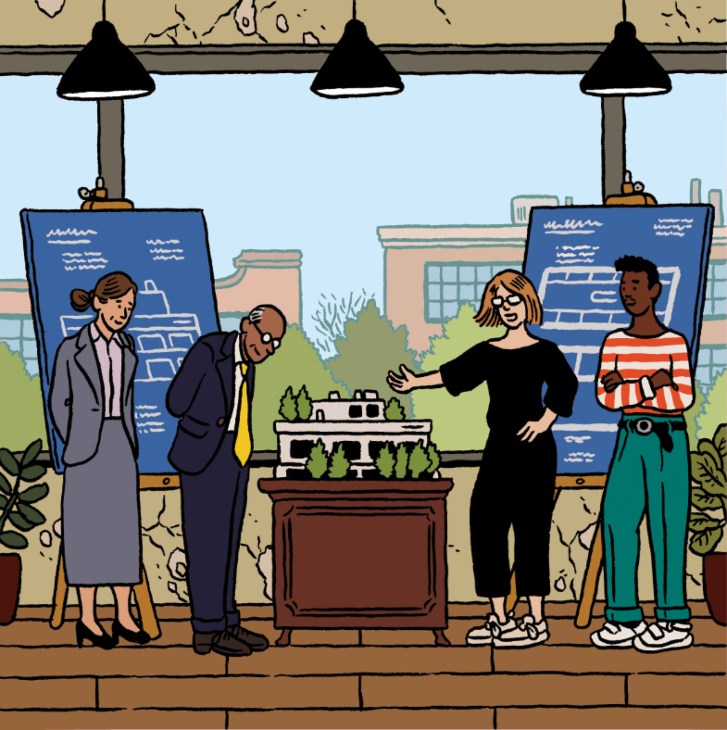 Illustration of four people discussing urban development plans indoors under pendant lights.