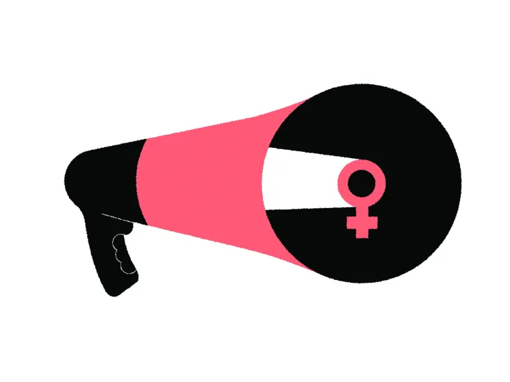 A bold graphic illustration of a megaphone in black and pink with a female symbol on the bell, representing women's advocacy.