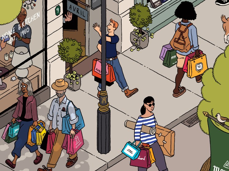 Illustration of diverse shoppers walking on a busy street with storefronts and plants.